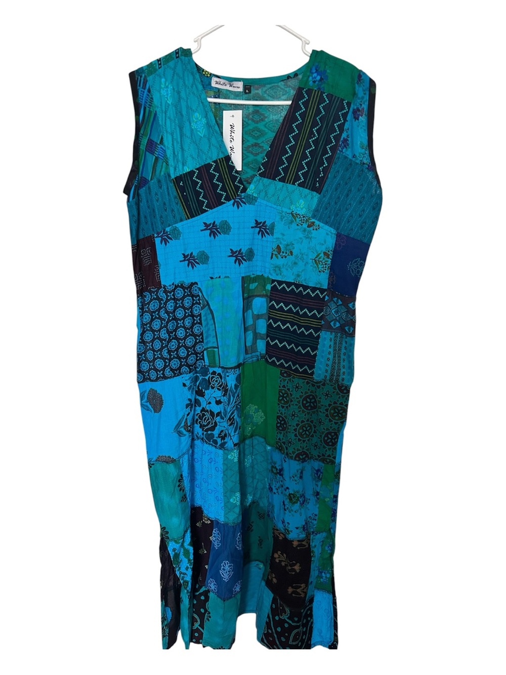 Patchwork V-Neck Sleeveless Dress - Blue/Green